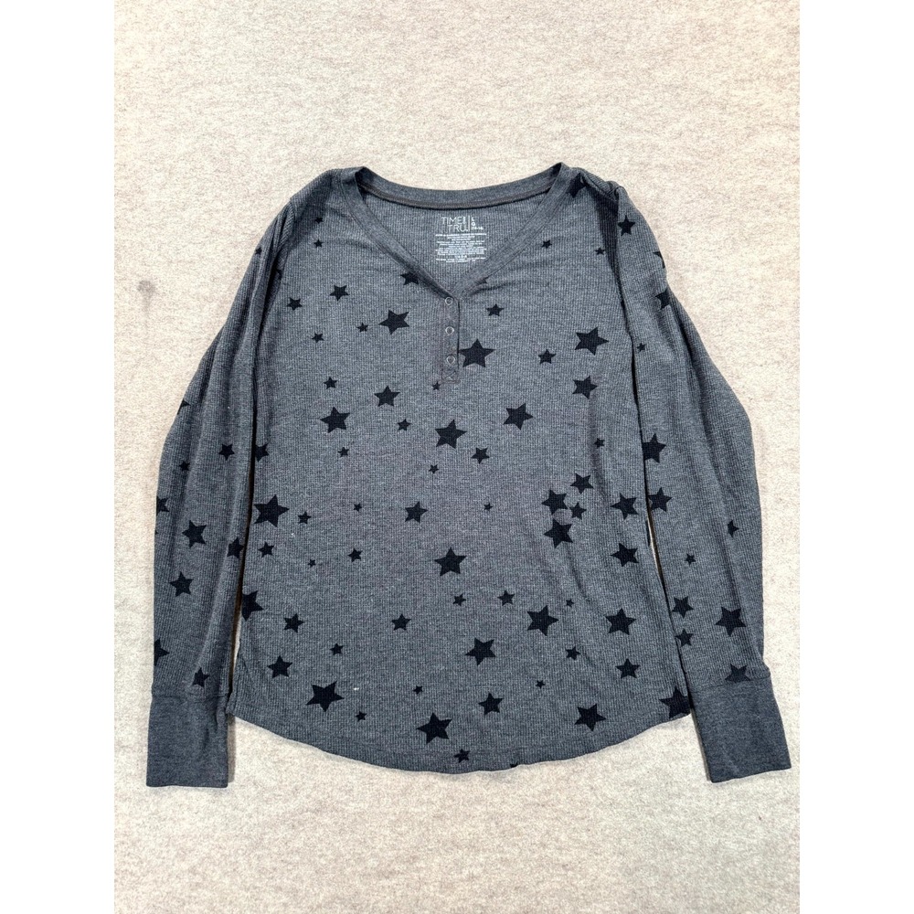 Time And Tru Thermal Henley Shirt Womens L 12-14 Gray Star Print TTL48020P